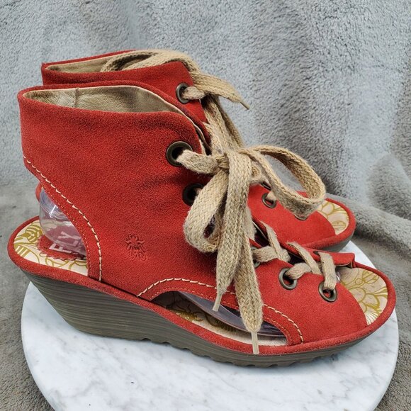 Fly London Shoes Womens EU 41 US 10 Red Suede Yaba Lace Up Booties - Picture 4 of 11